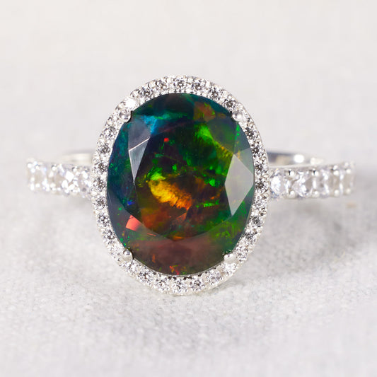 Real Oval-Shape Black Opal Cocktail Ring