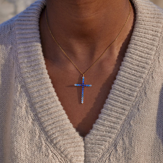 For Daughter Pray Through It Gradient Dark Blue Cross Necklace