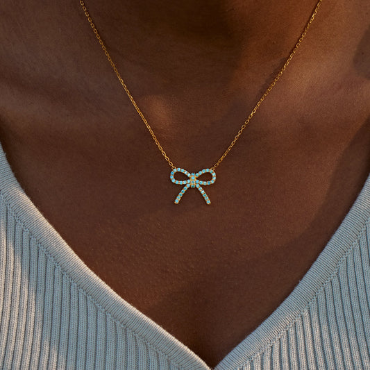 Tied By Angel's Hands Pavé Blue Bow Necklace