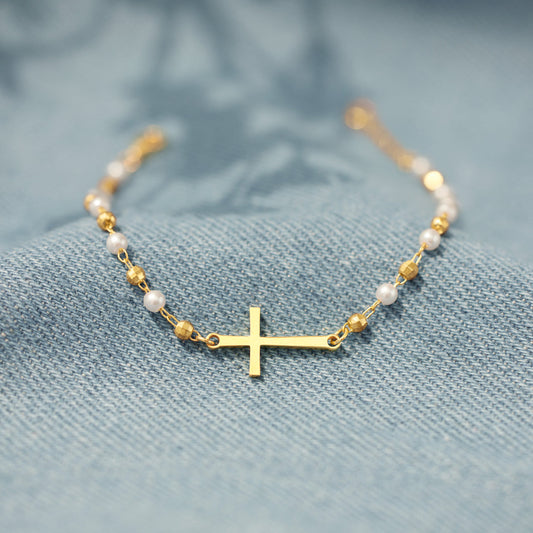 Pray Through the Hardest Days Cross Pearl Bracelet