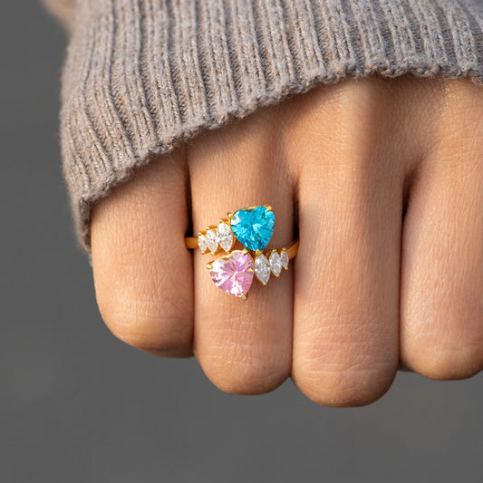 Our Hearts Are Connected Two Heart Birthstone Bypass Ring