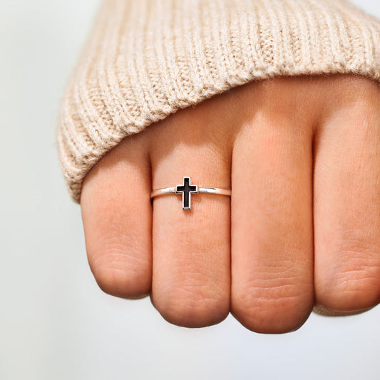 Pray Through It Minimalist Black Cross Ring