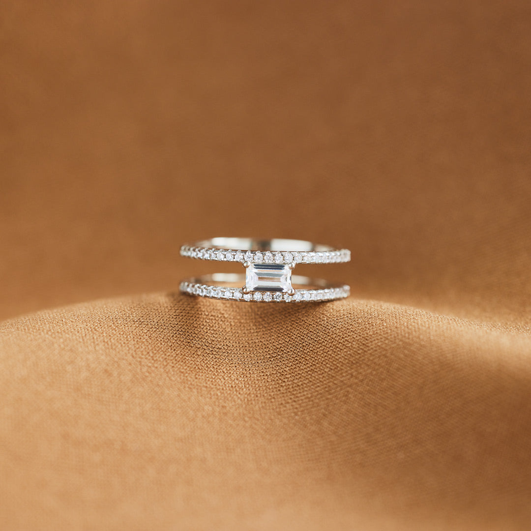 Parallel Paths Square Cut Pavé Double Band Ring