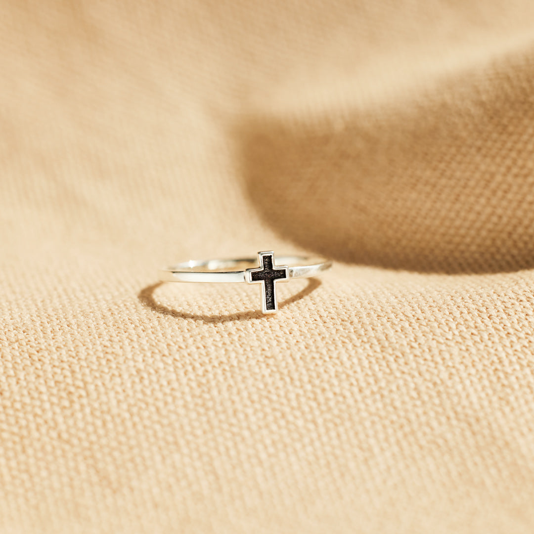 Pray Through It Minimalist Black Cross Ring