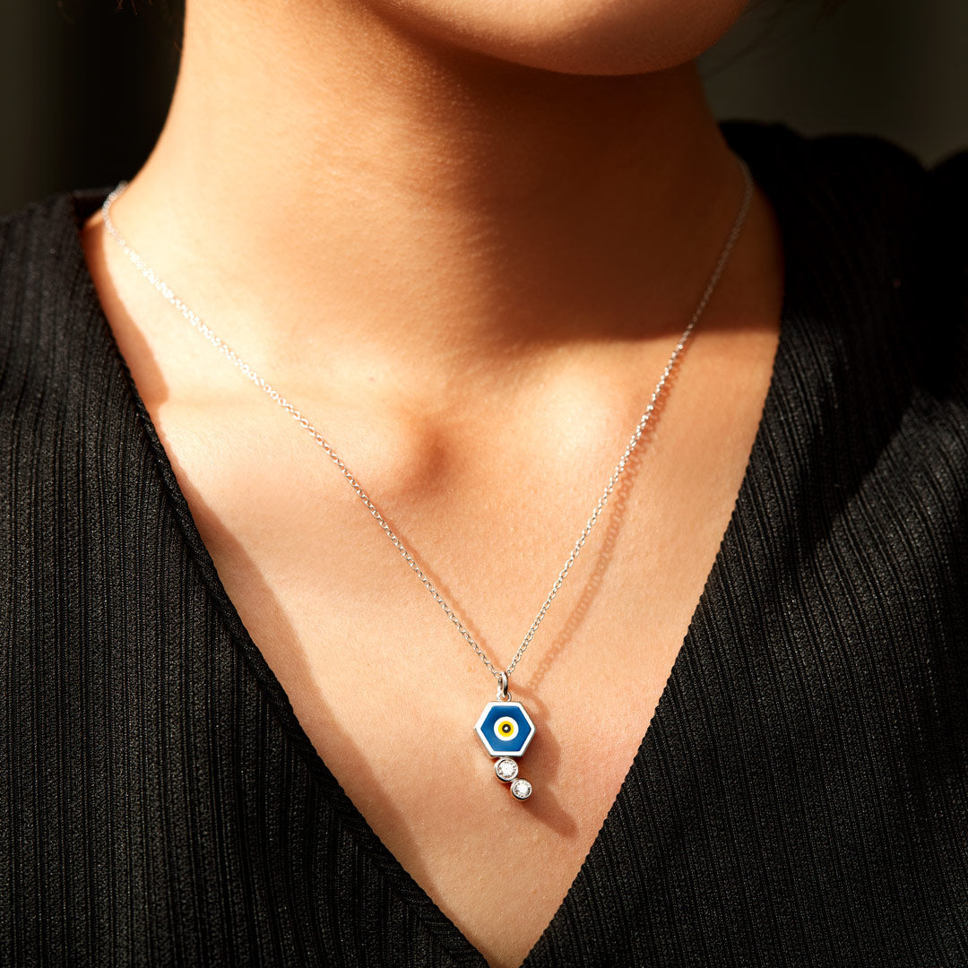 Hexagon Enamel Evil Eye Necklace