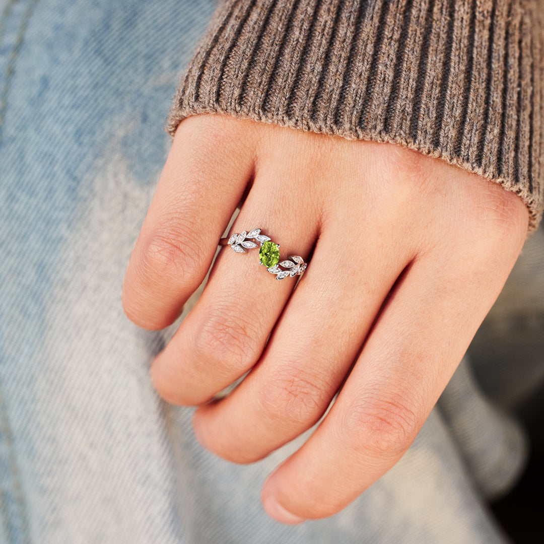 Grow Through Your Struggles Oval-Cut Green Peridot Leaf Ring