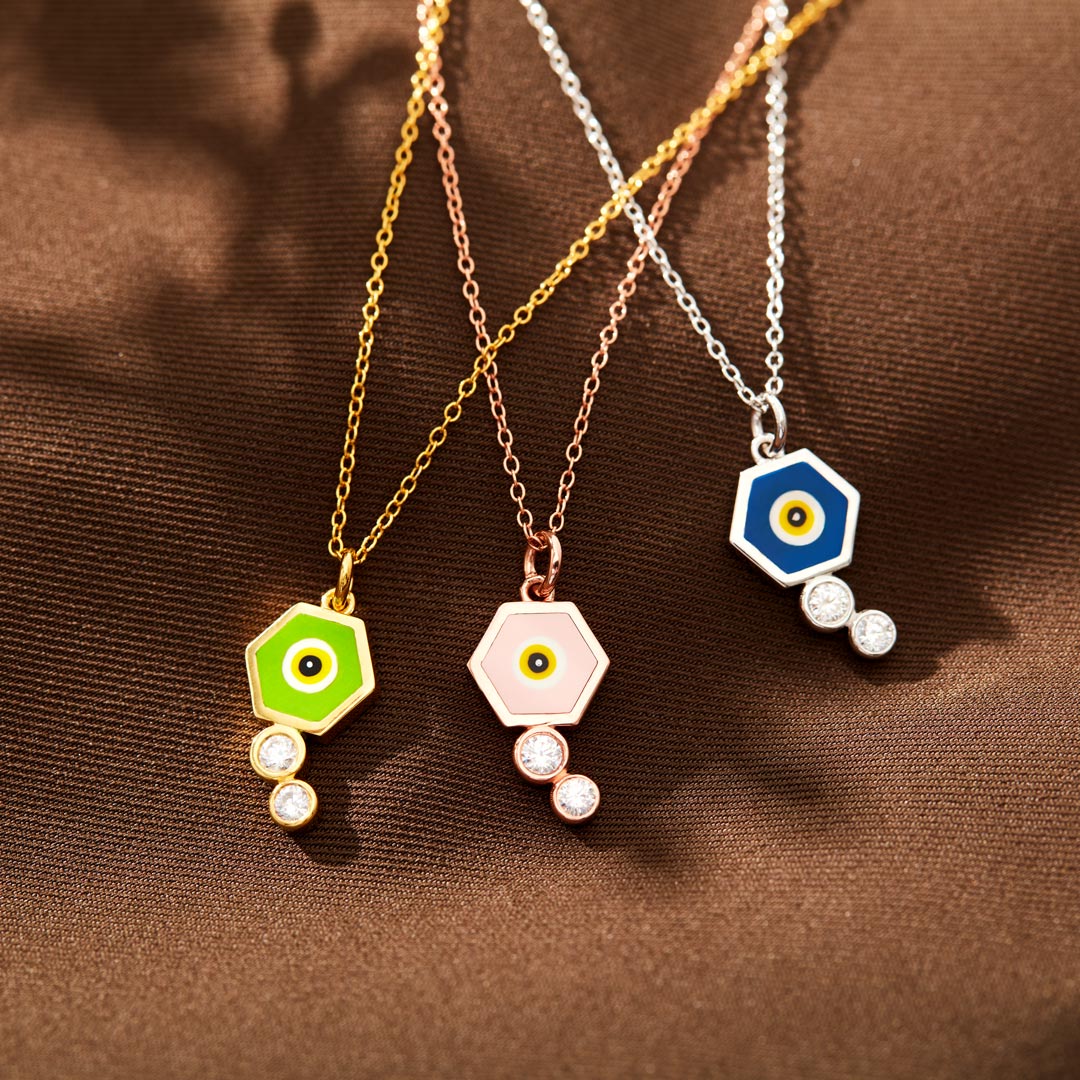 Hexagon Enamel Evil Eye Necklace