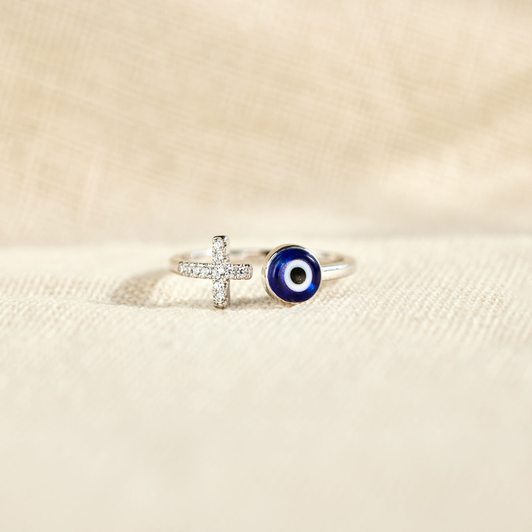 Fear No Evil Cross Ring With Evil Eye