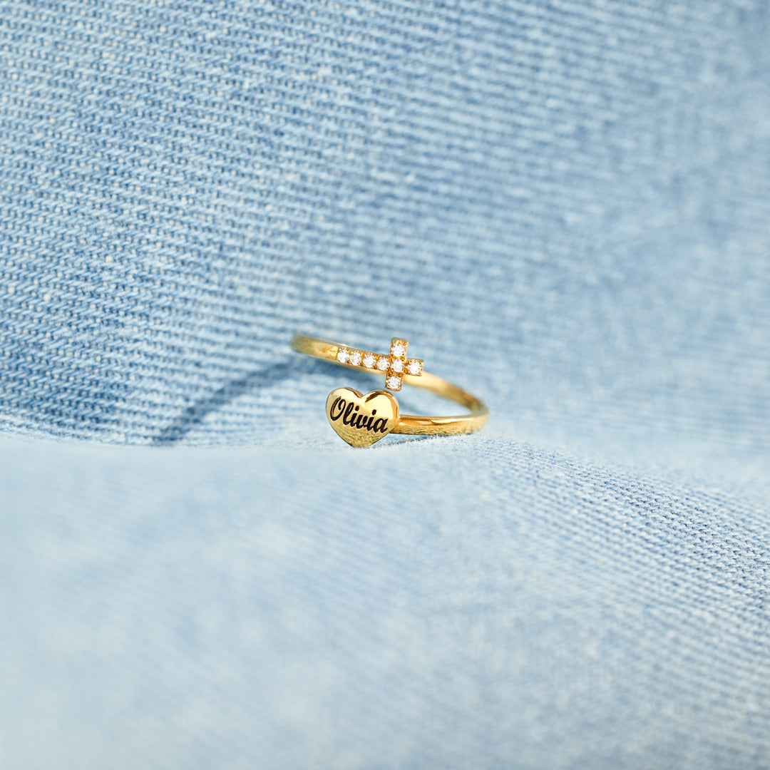 Personalized Name Heart & Cross Ring