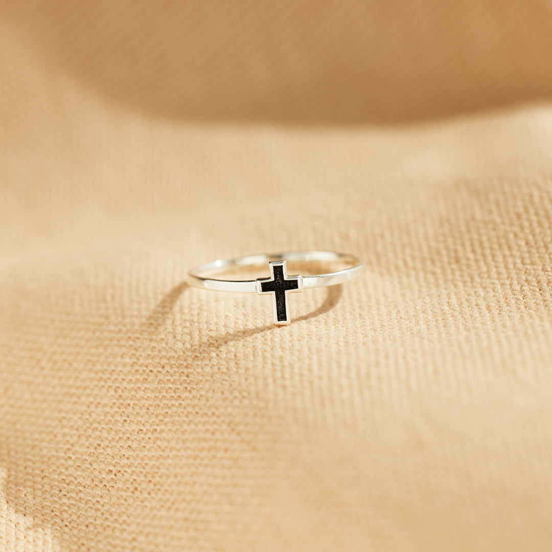 Pray Through It Minimalist Black Cross Ring