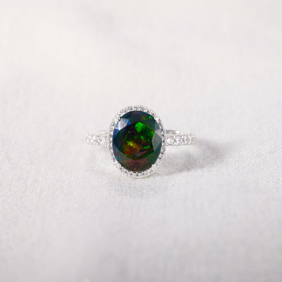 Real Oval-Shape Black Opal Cocktail Ring