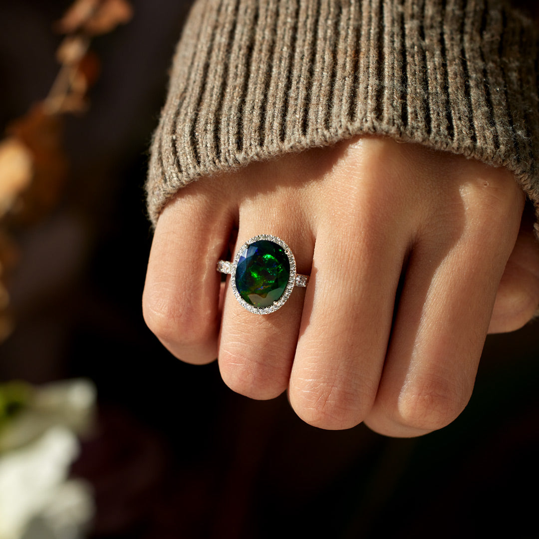 Real Oval-Shape Black Opal Cocktail Ring