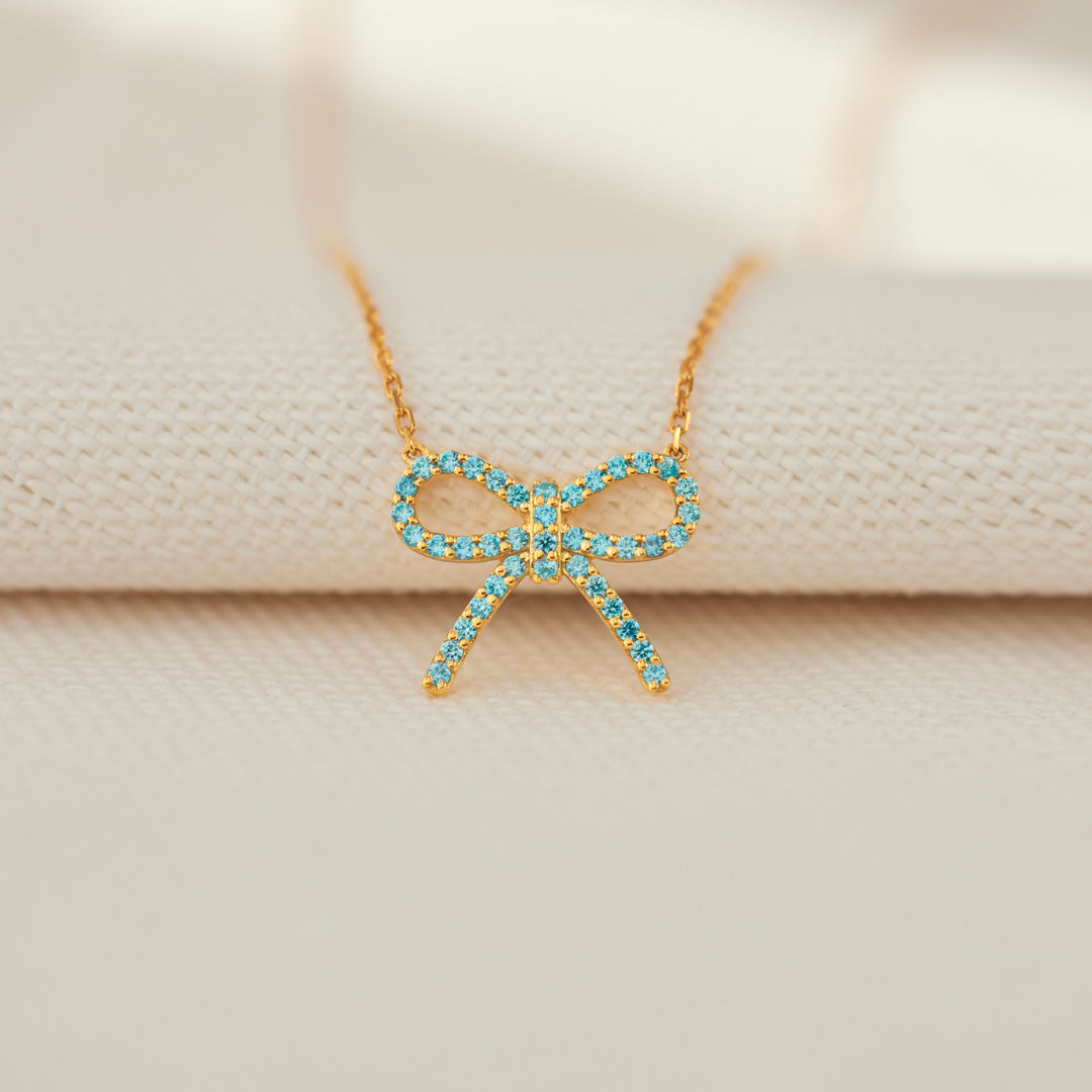 Tied By Angel's Hands Pavé Blue Bow Necklace