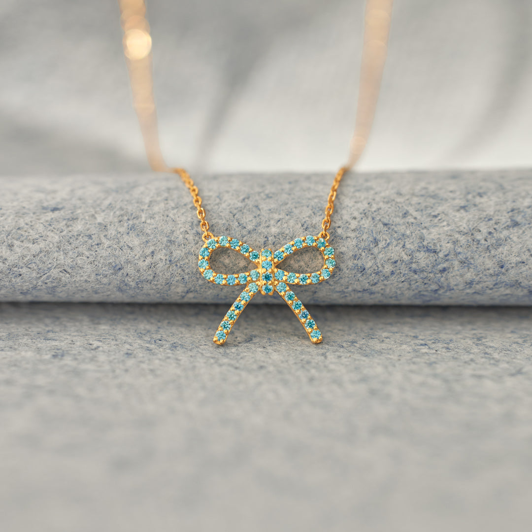 Tied By Angel's Hands Pavé Blue Bow Necklace