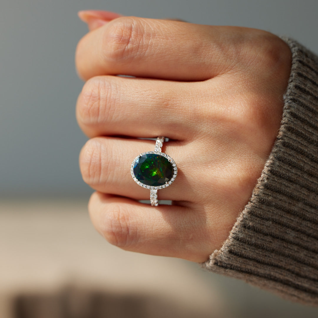 Real Oval-Shape Black Opal Cocktail Ring