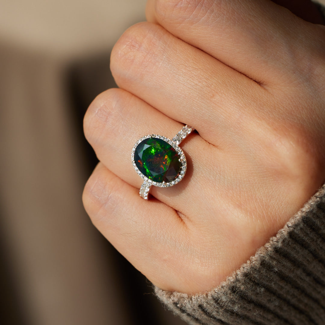 Real Oval-Shape Black Opal Cocktail Ring