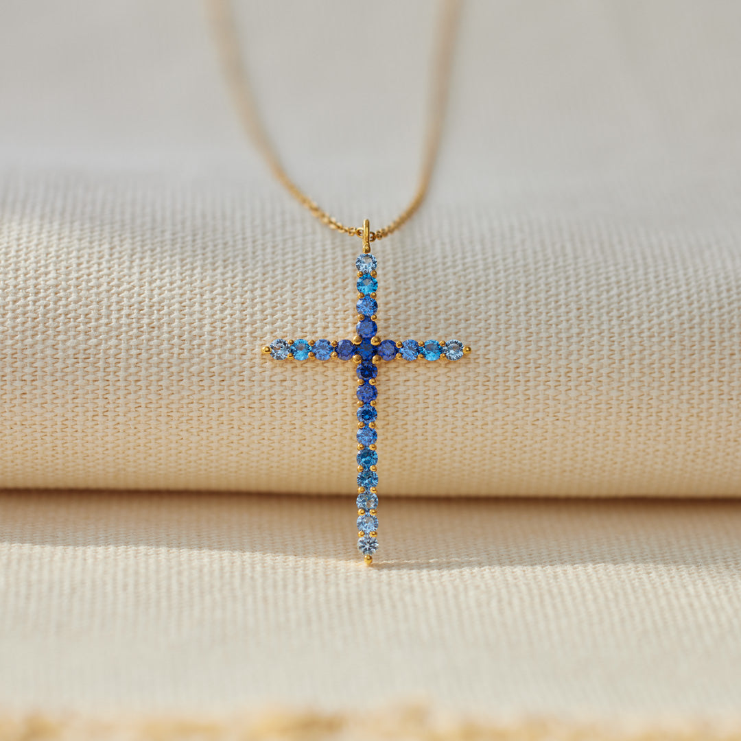 For Daughter Pray Through It Gradient Dark Blue Cross Necklace