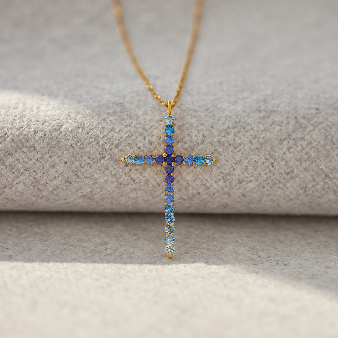 For Daughter Pray Through It Gradient Dark Blue Cross Necklace