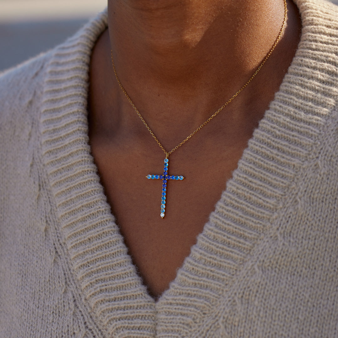 For Daughter Pray Through It Gradient Dark Blue Cross Necklace