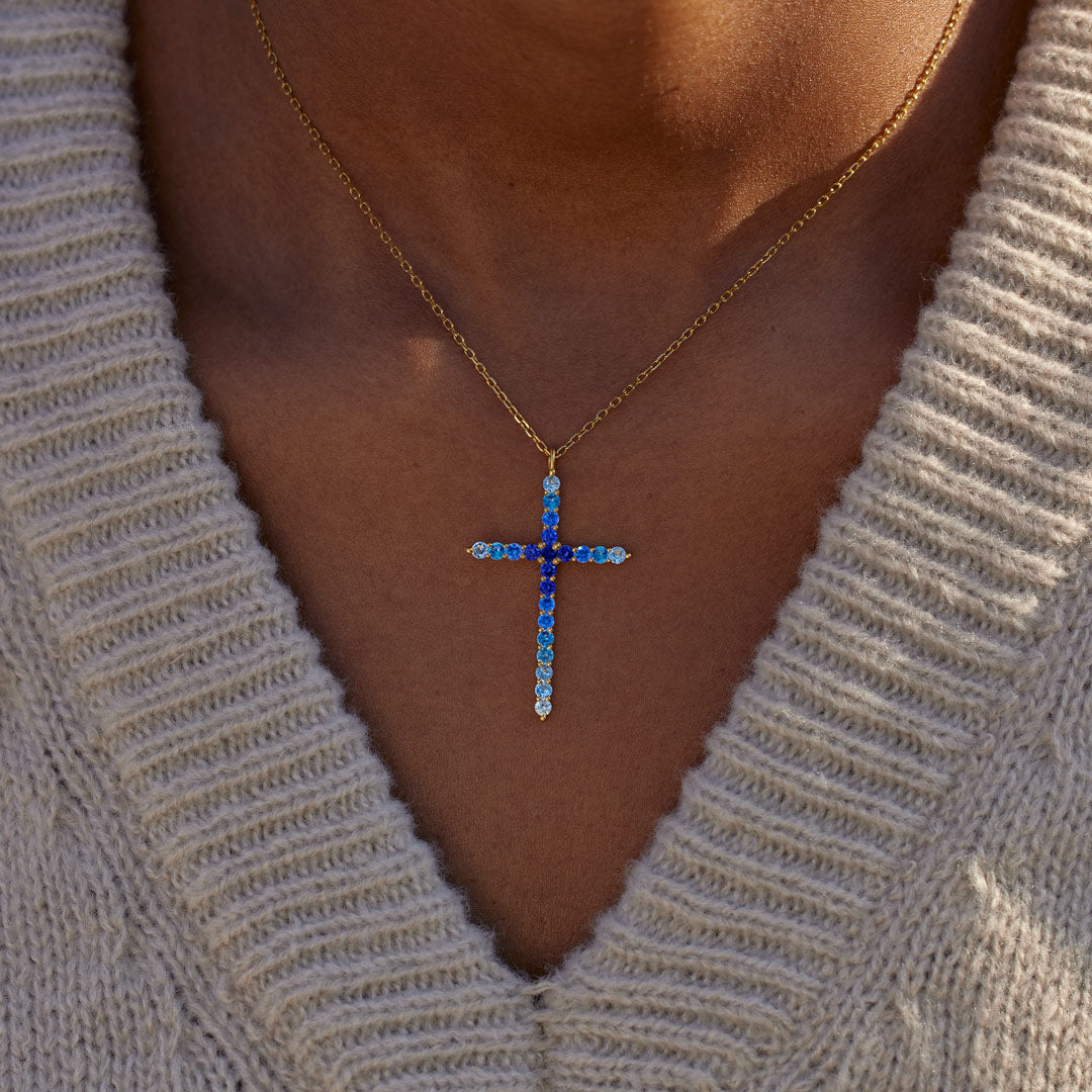 For Daughter Pray Through It Gradient Dark Blue Cross Necklace