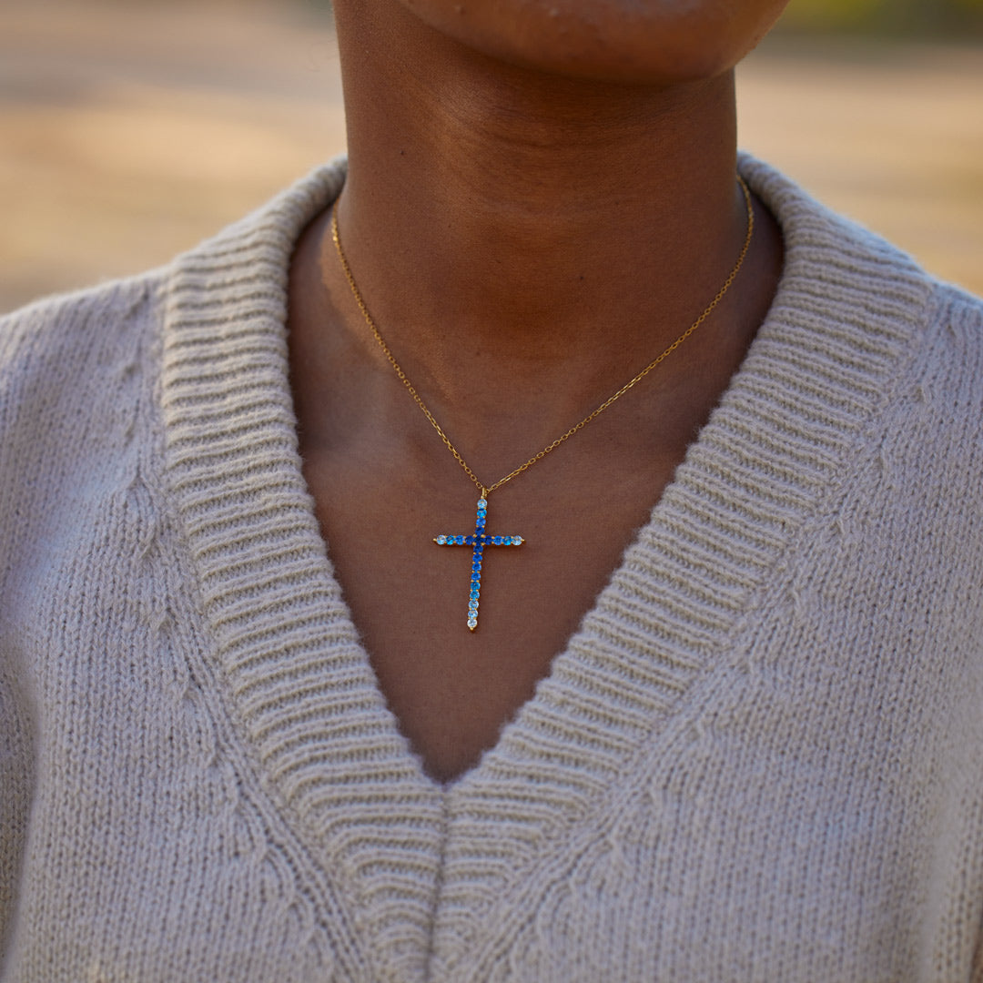 For Daughter Pray Through It Gradient Dark Blue Cross Necklace