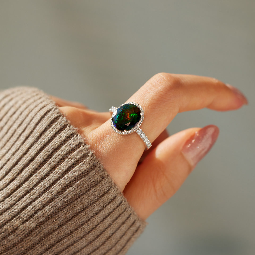 Real Oval-Shape Black Opal Cocktail Ring