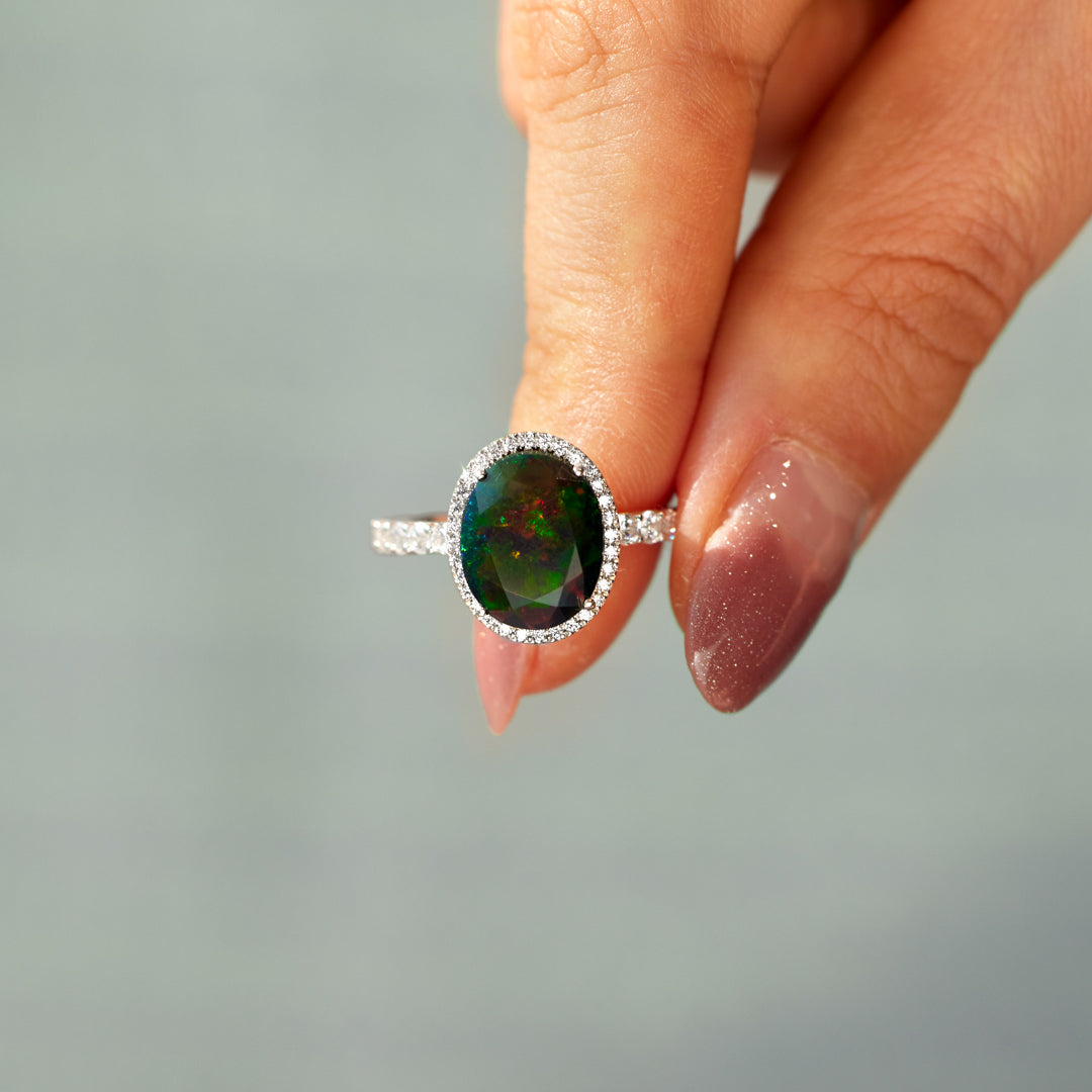 Real Oval-Shape Black Opal Cocktail Ring
