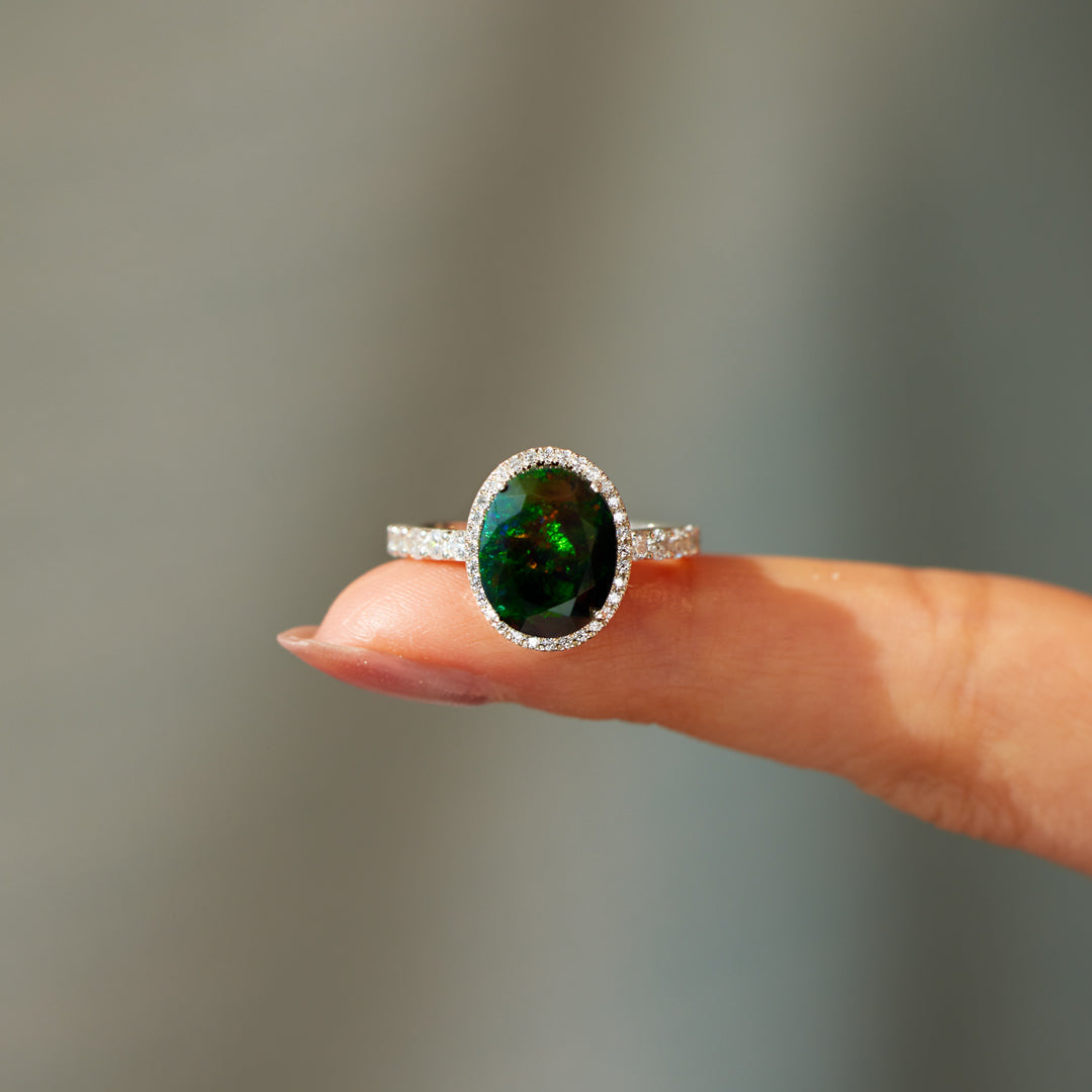 Real Oval-Shape Black Opal Cocktail Ring
