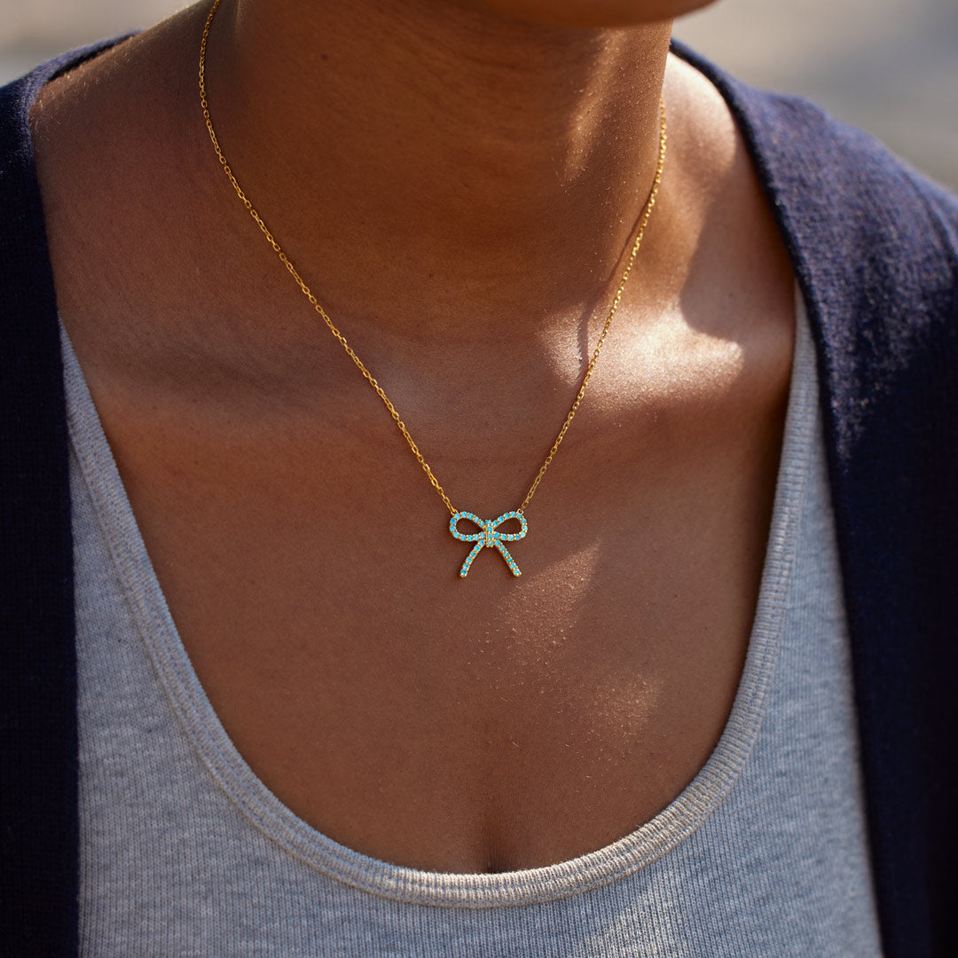 Tied By Angel's Hands Pavé Blue Bow Necklace