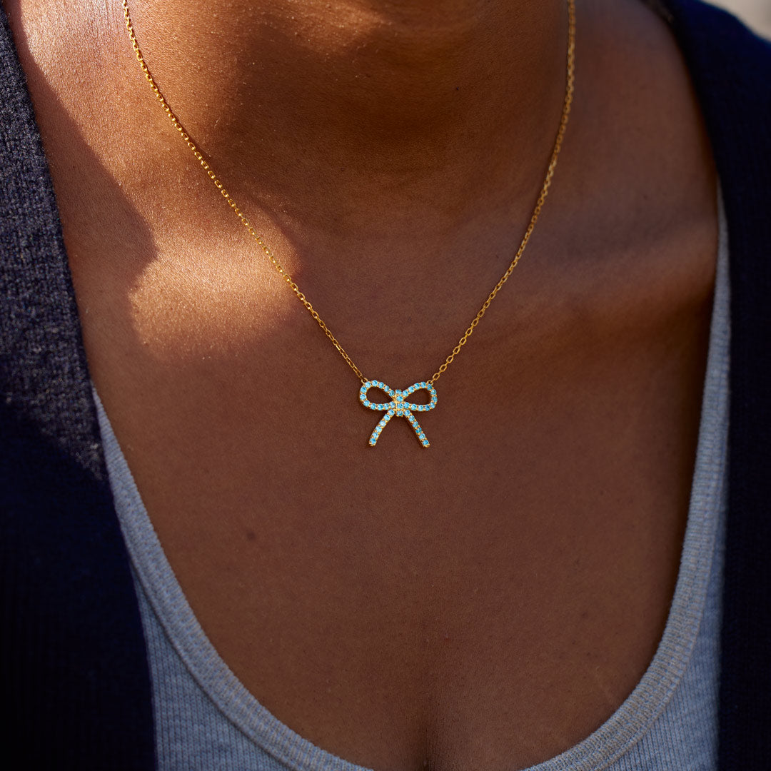 Tied By Angel's Hands Pavé Blue Bow Necklace