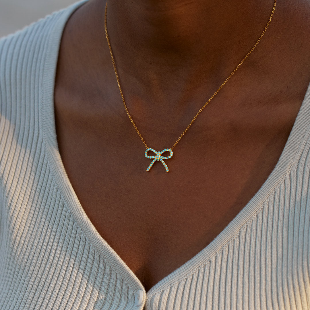 Tied By Angel's Hands Pavé Blue Bow Necklace