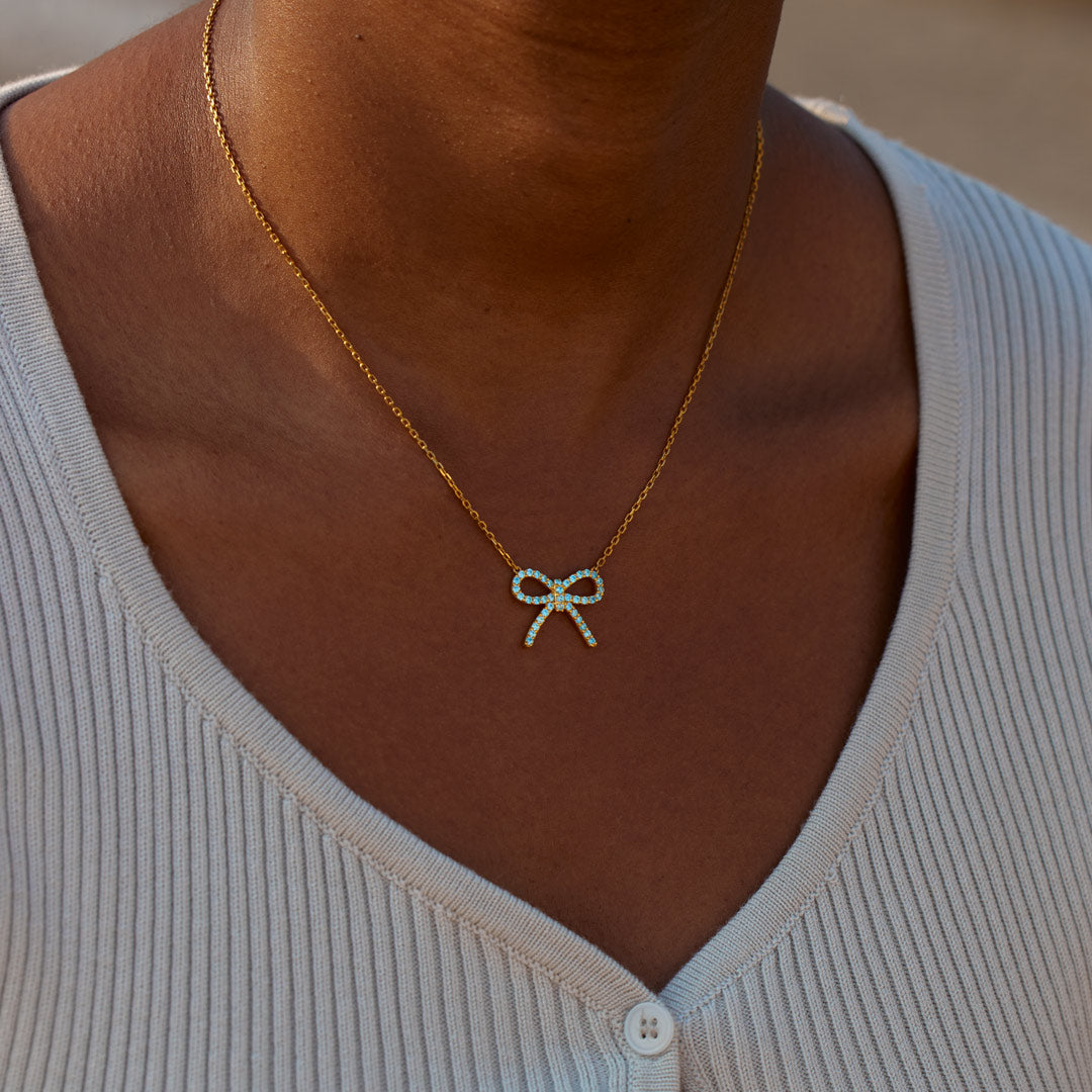 Tied By Angel's Hands Pavé Blue Bow Necklace