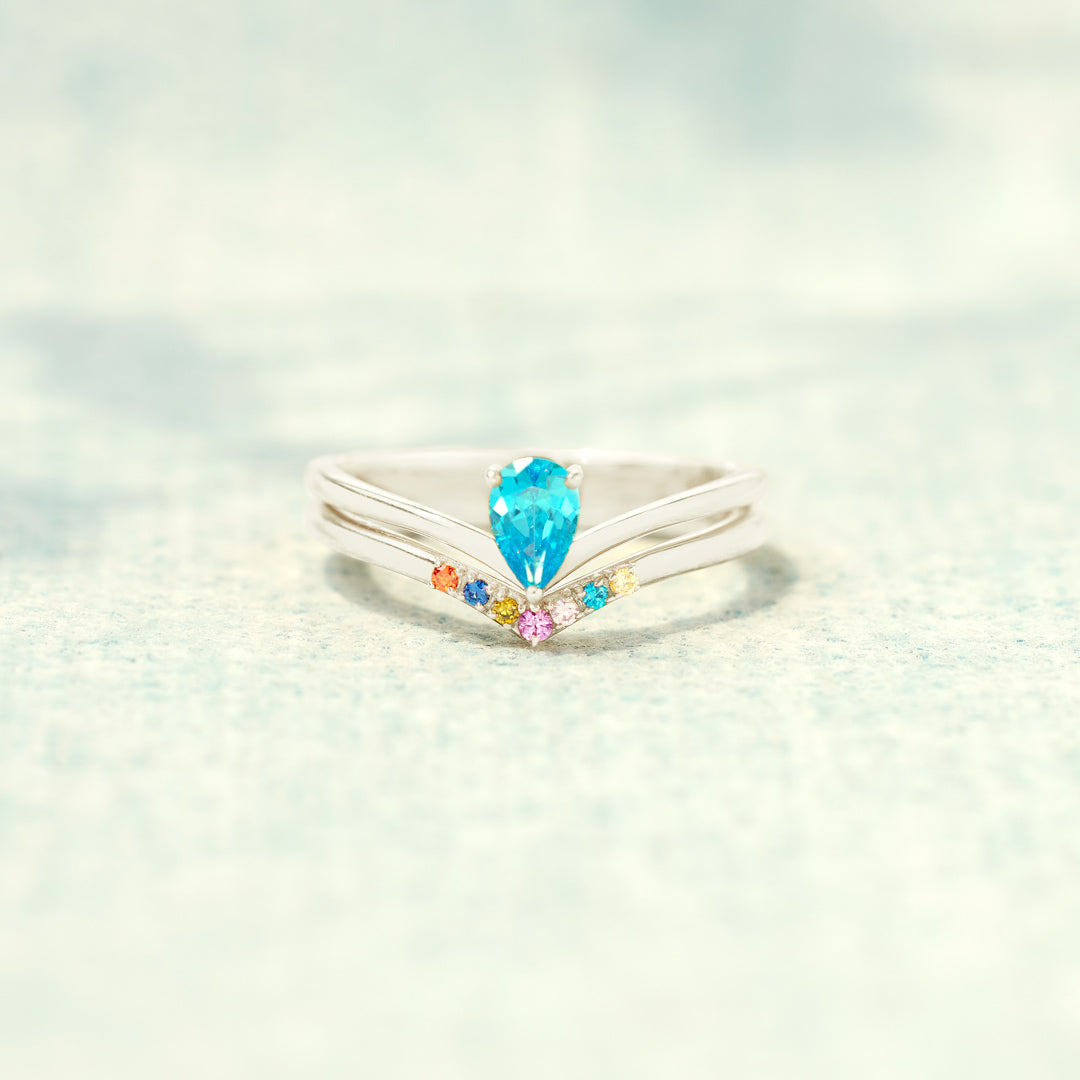 Mom And Kids 1-9 Birthstones Pear Cut Chevron Ring