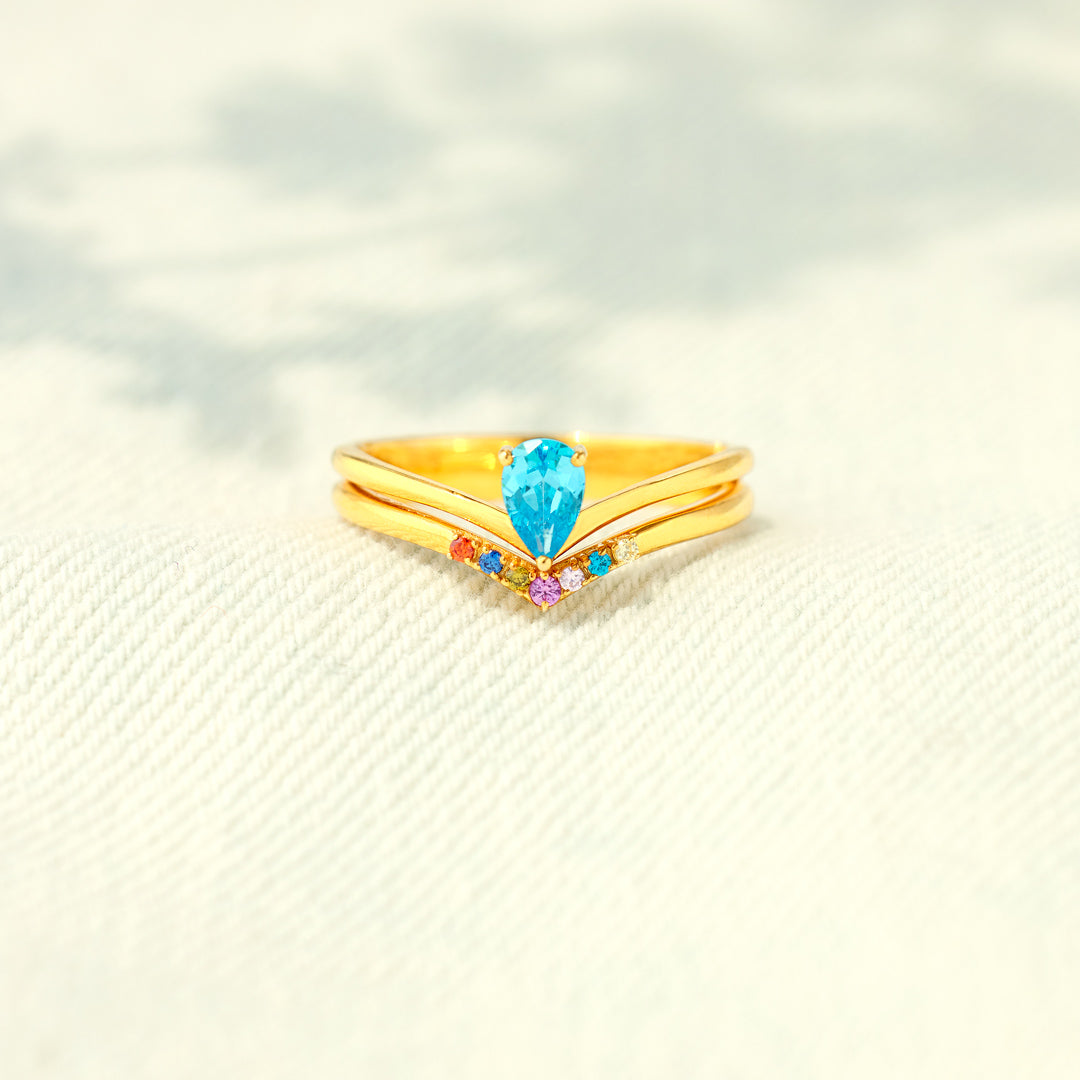 Mom And Kids 1-9 Birthstones Pear Cut Chevron Ring