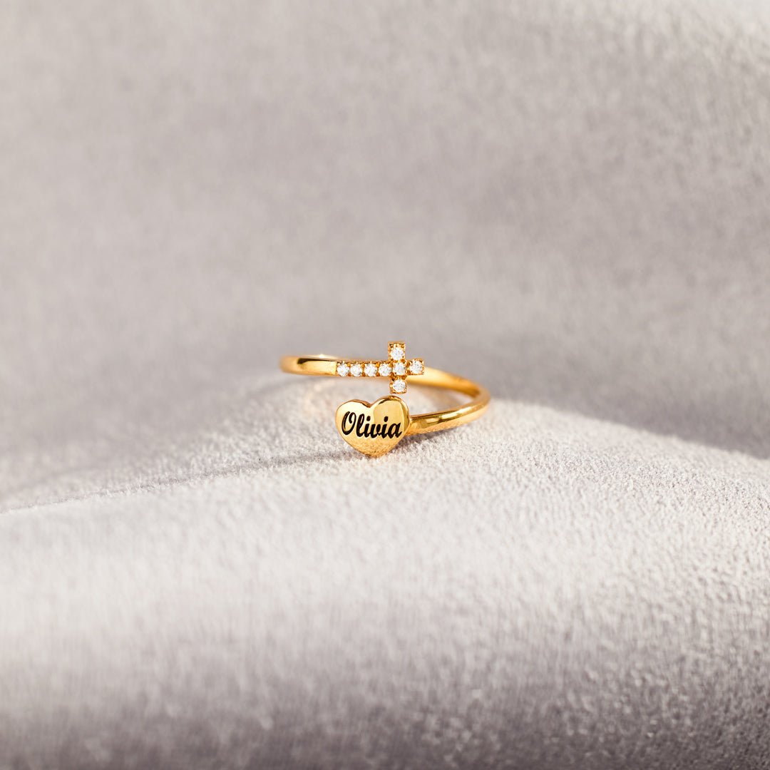 Personalized Name Heart & Cross Ring