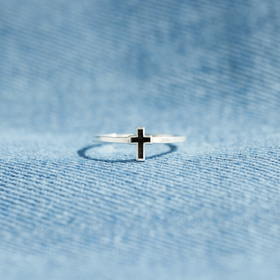 Pray Through It Minimalist Black Cross Ring