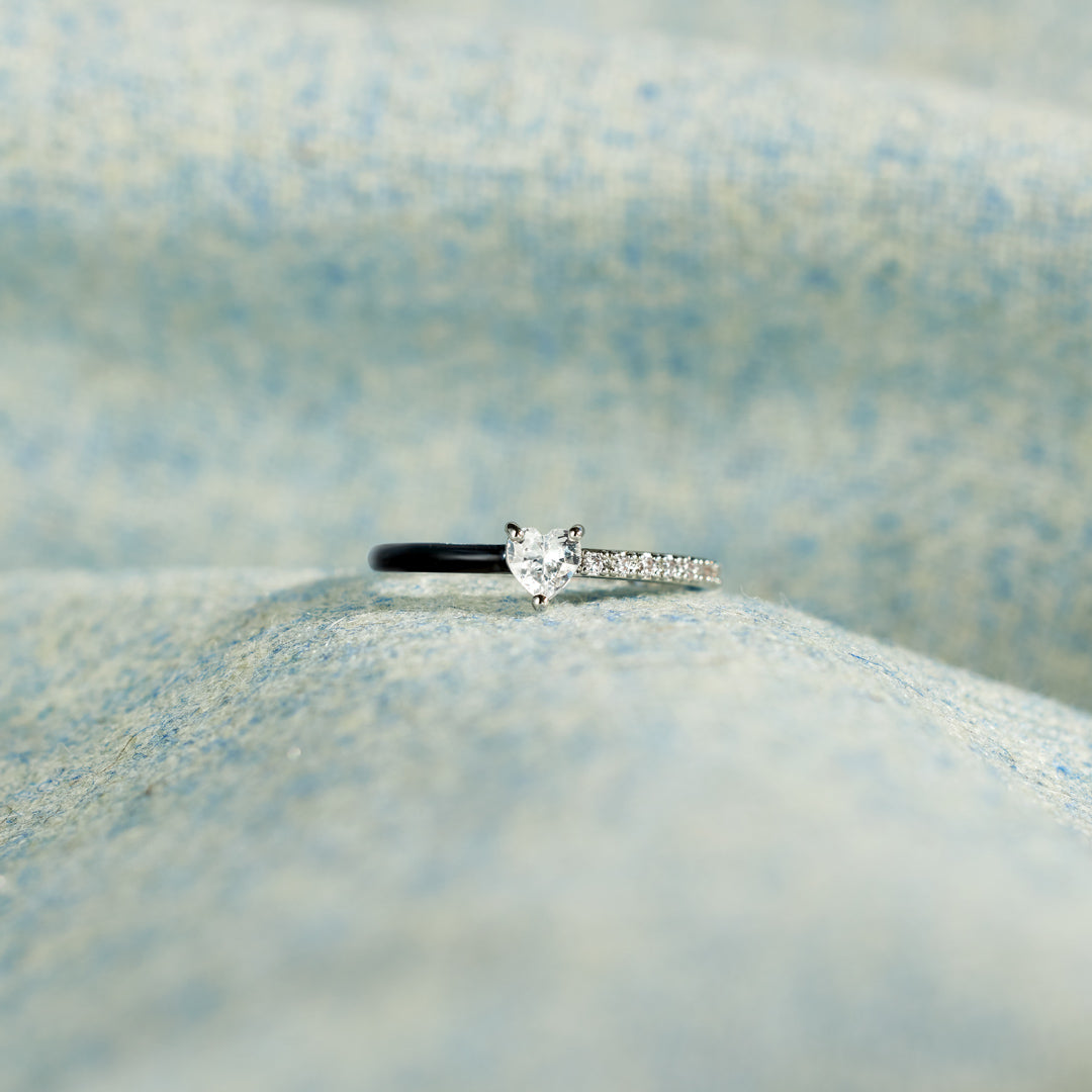Love Me Until I'm Me Again Black Heart-Cut Half Enamel Ring