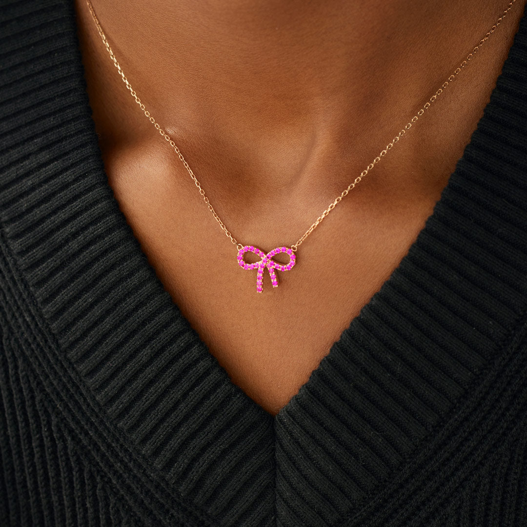 Pixie Pink Pavé Bow Necklace