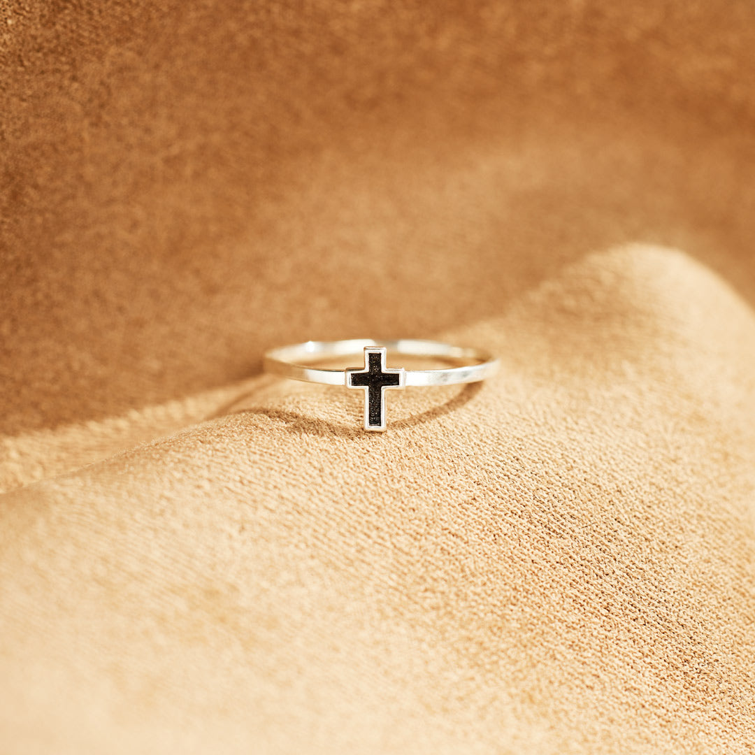 Pray Through It Minimalist Black Cross Ring