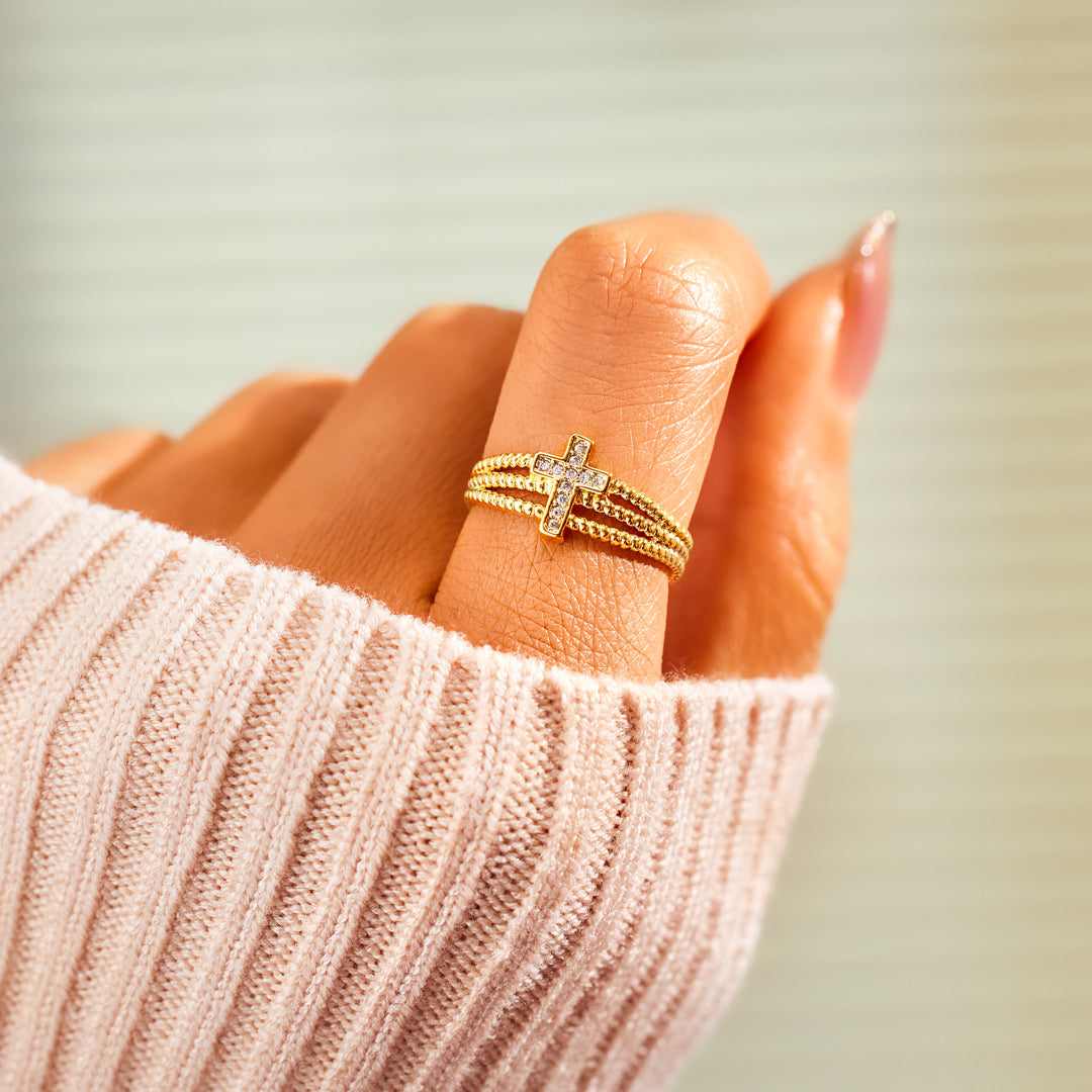 Pray Big Worry Small Triple Band Cross Ring