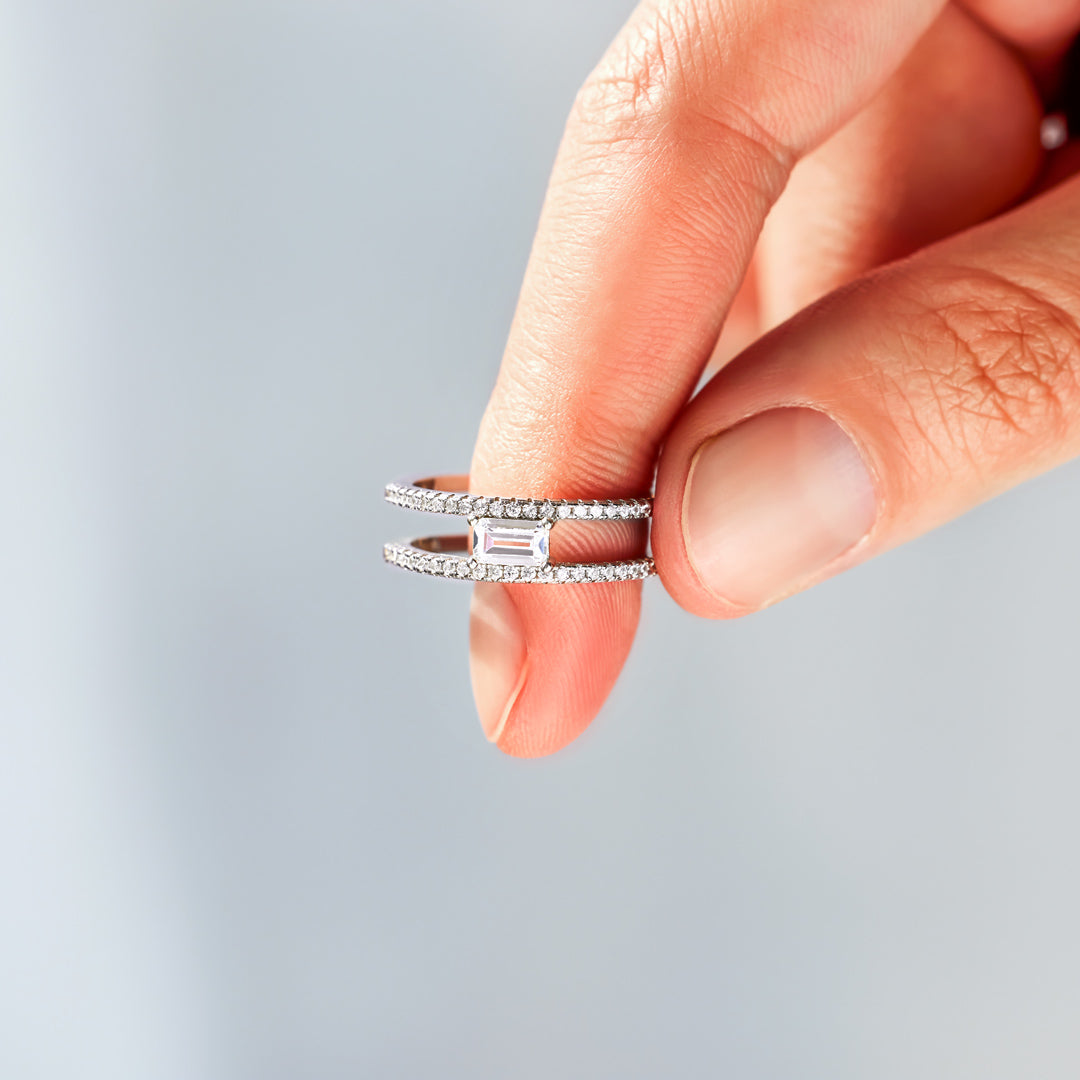 Parallel Paths Square Cut Pavé Double Band Ring