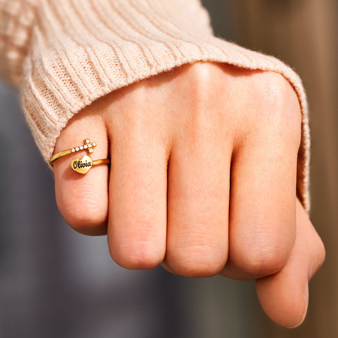 Personalized Name Heart & Cross Ring