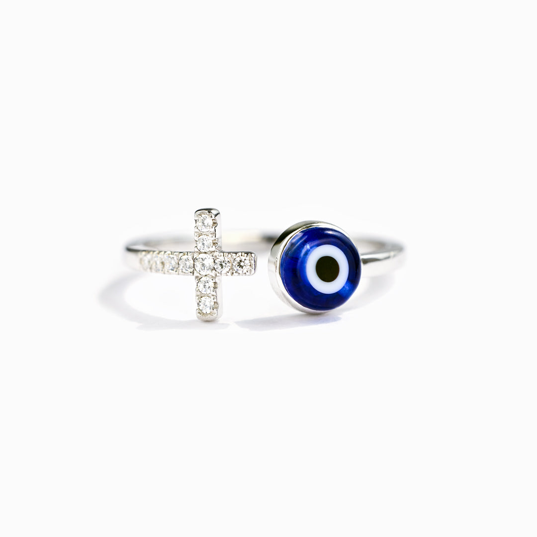 Fear No Evil Cross Ring With Evil Eye