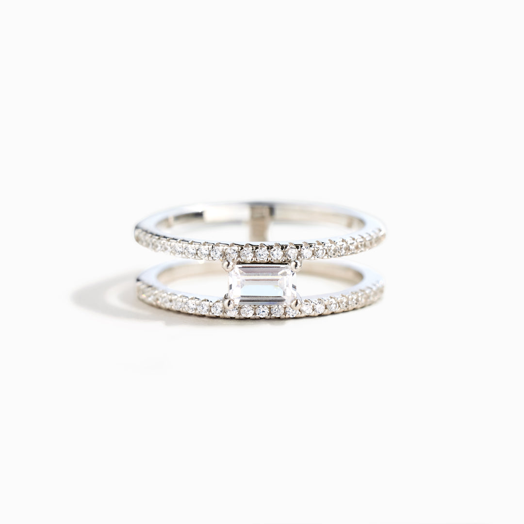 Parallel Paths Square Cut Pavé Double Band Ring