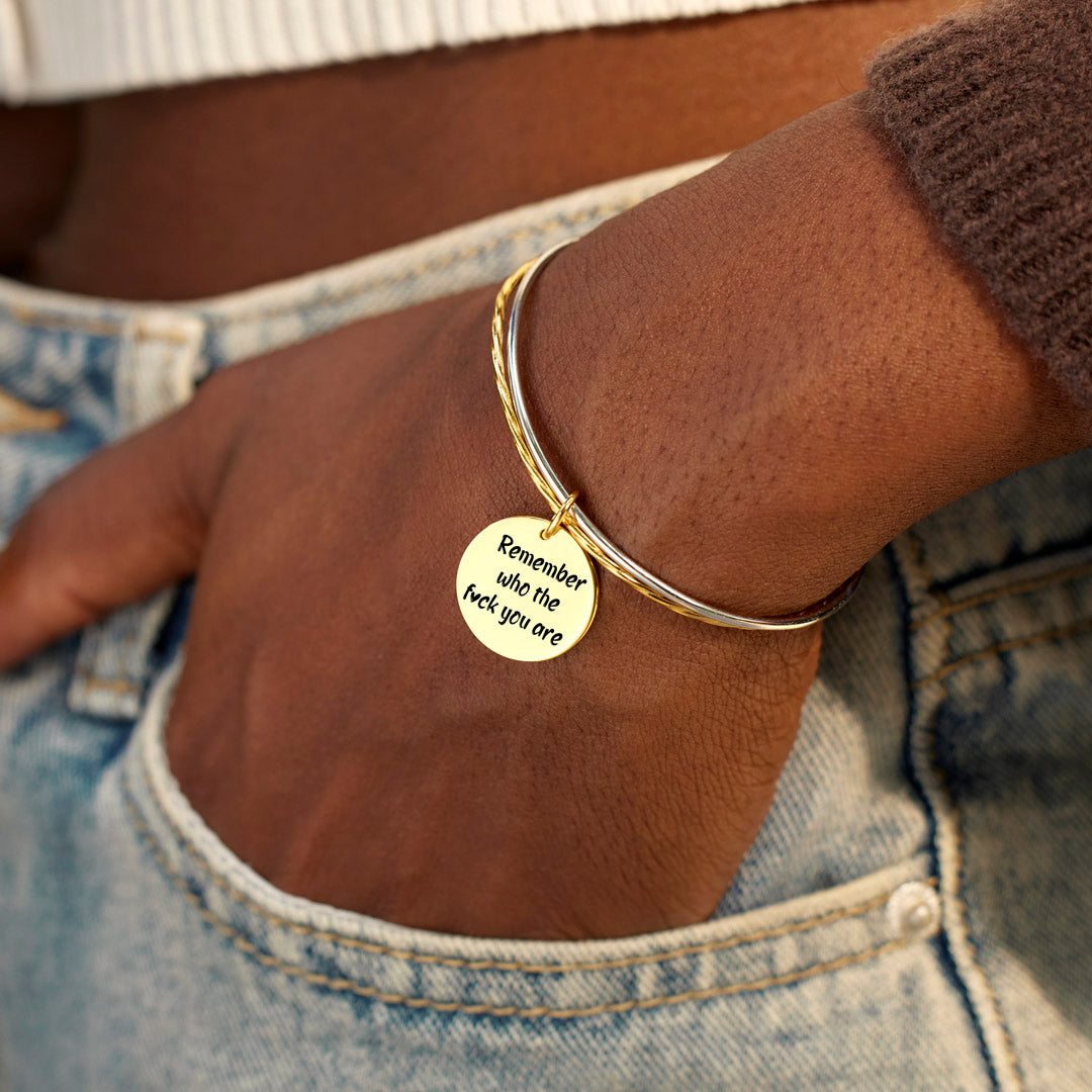 Remember Who the Fuck You Are Two-Tone Golden Plate Hammered Bracelet