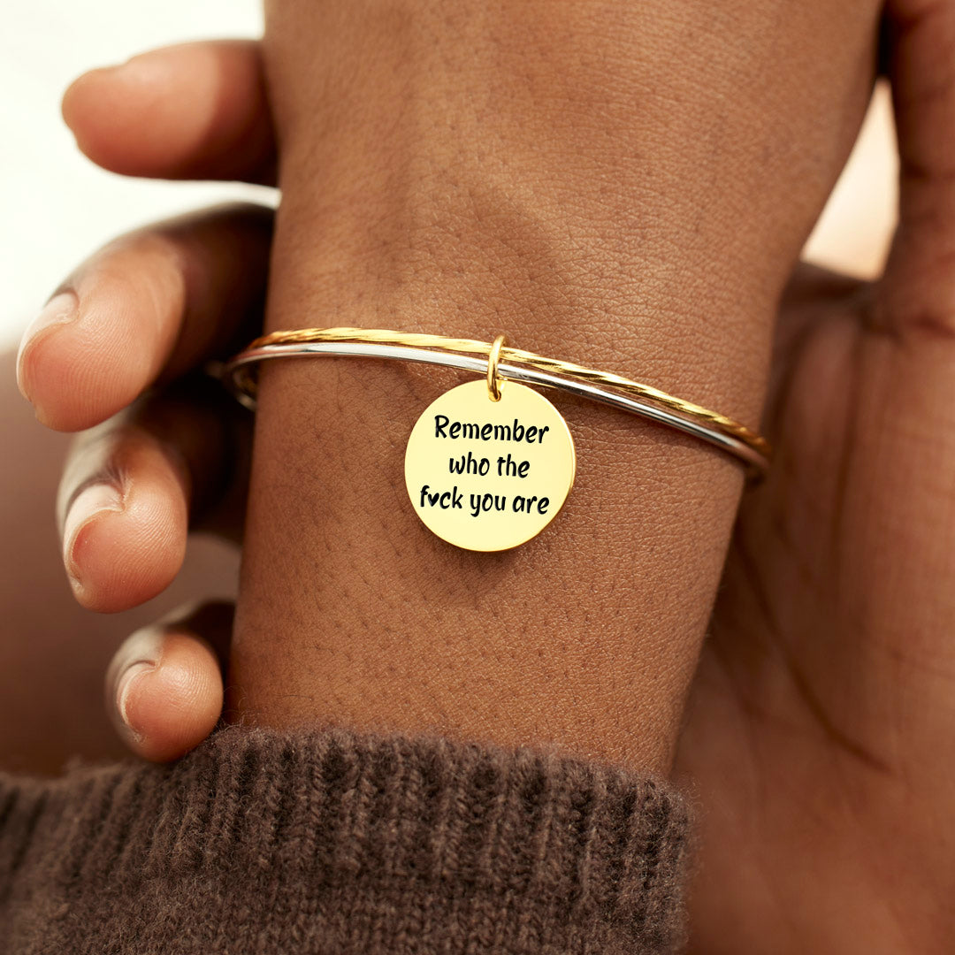 Remember Who the Fuck You Are Two-Tone Golden Plate Hammered Bracelet