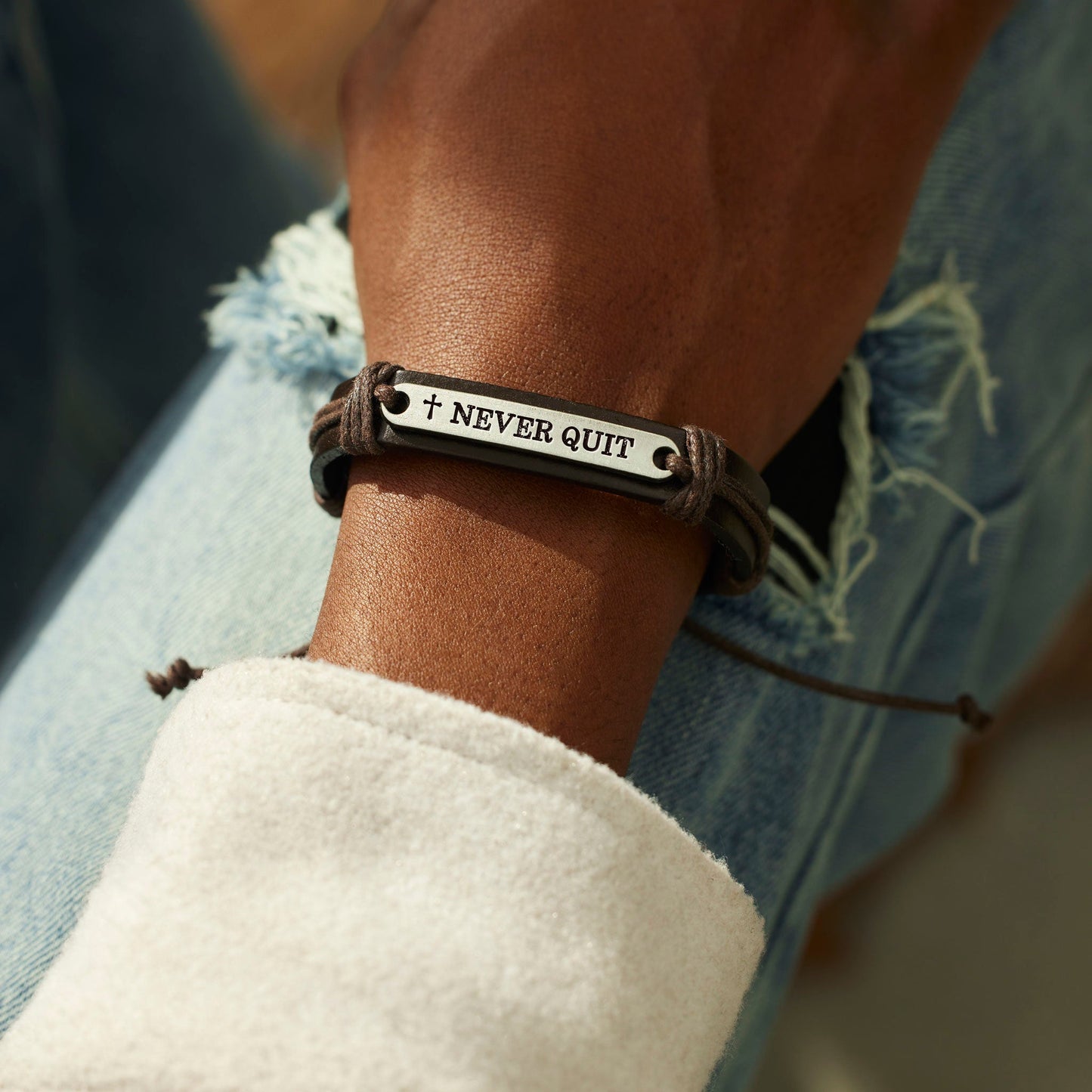 Never Quit Bar Leather Bracelet