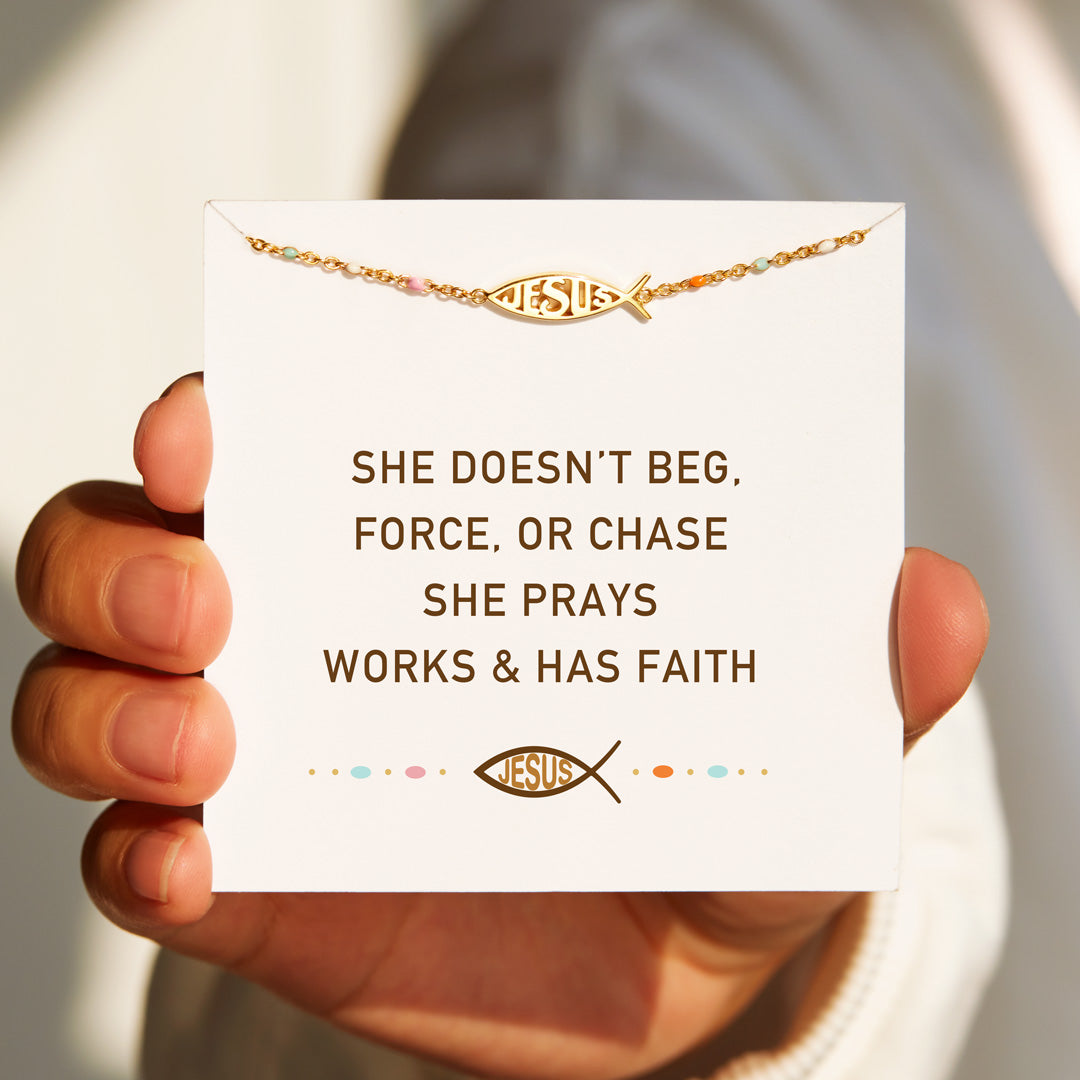 She Prays Works & Has Faith Jesus Ichthys Fish Bracelet
