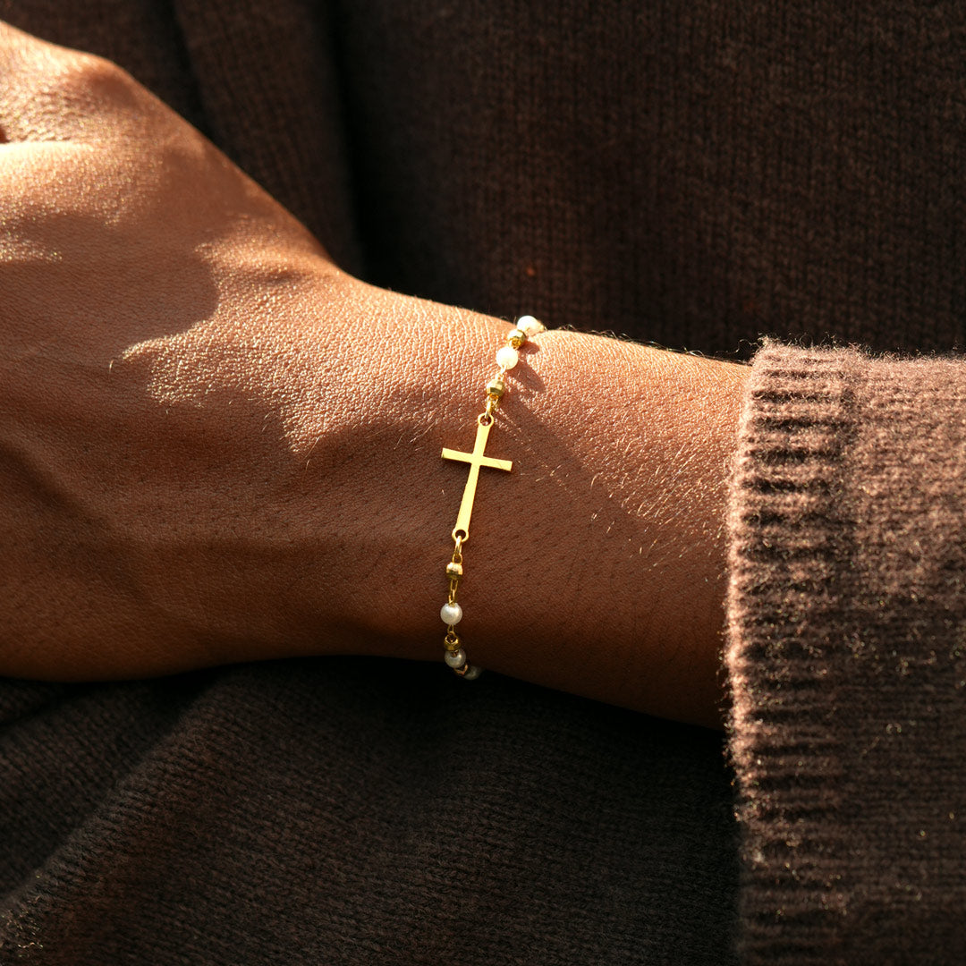 Pray Through the Hardest Days Cross Pearl Bracelet
