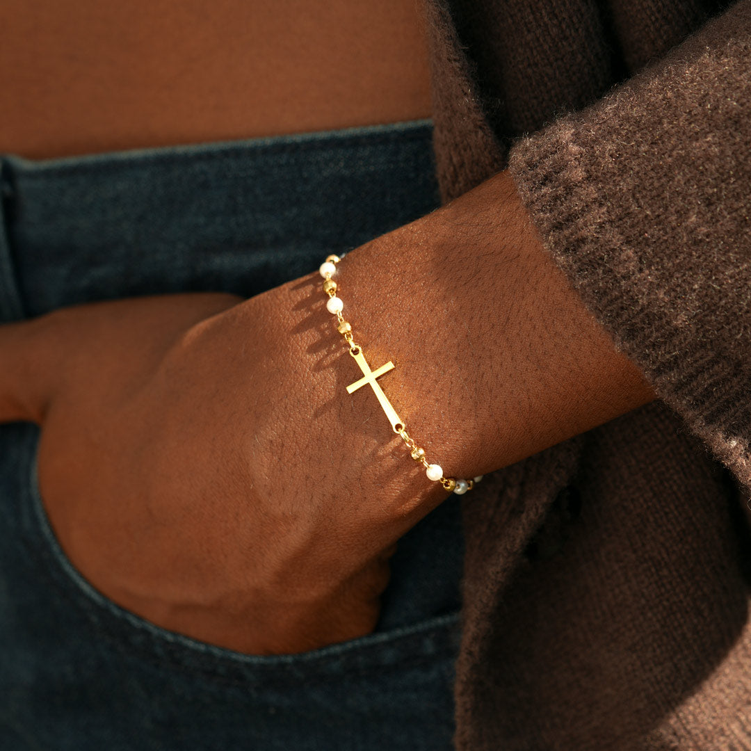 Pray Through the Hardest Days Cross Pearl Bracelet